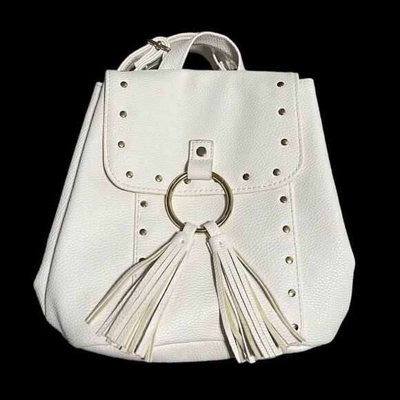 Justice Mini Backpack White Faux Leather Pebbled Tassels Adjustable Straps - Picture 1 of 10